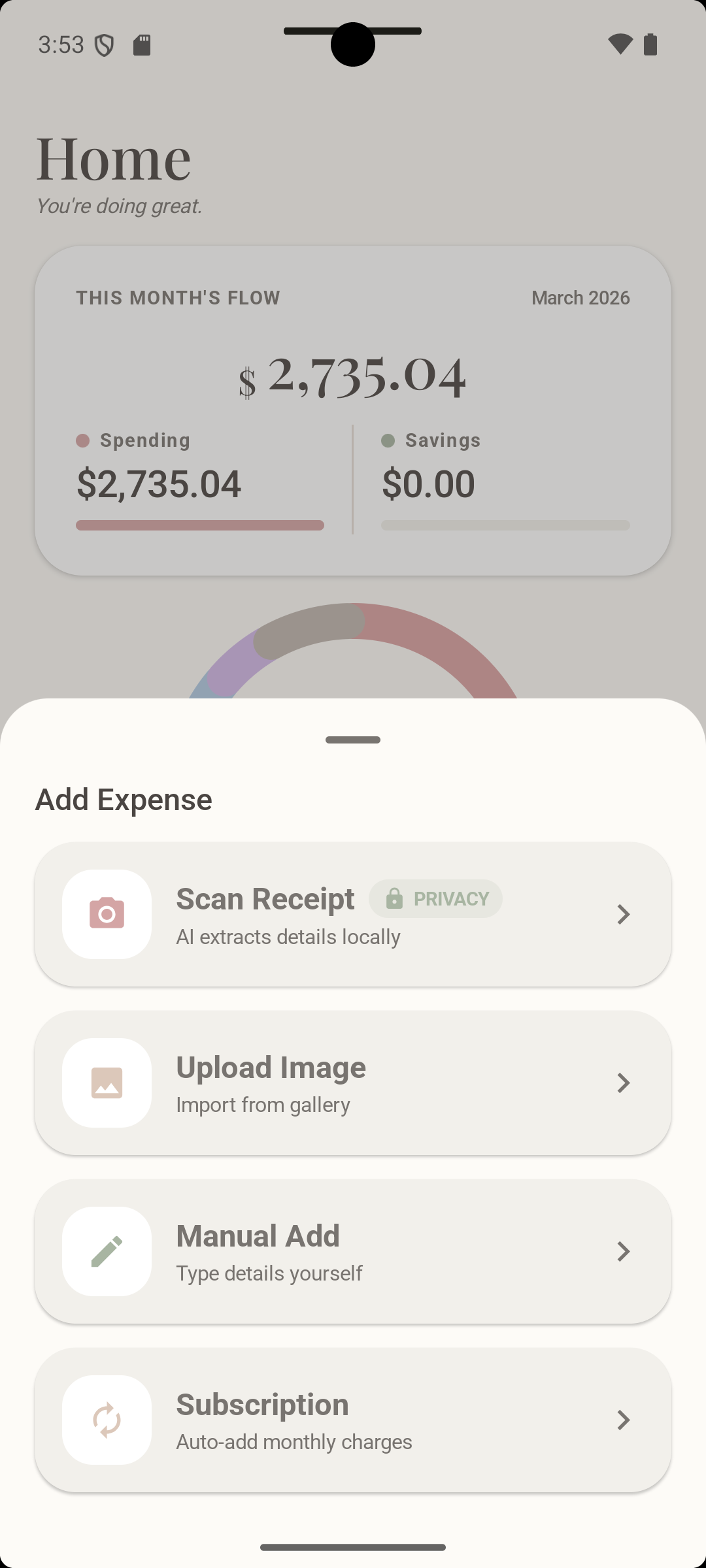 Walletvy add expense screen showing Scan Receipt with AI privacy badge, Upload Image, Manual Add, and Subscription options