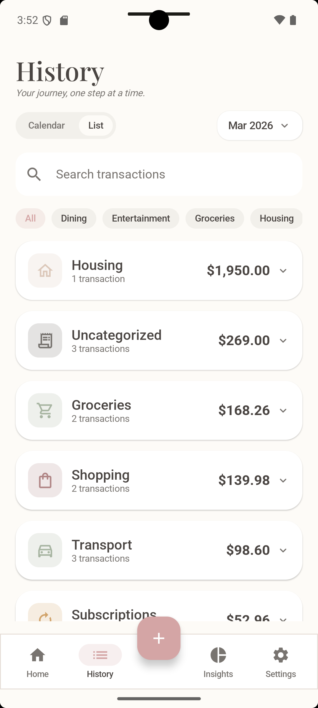 Walletvy transaction history view showing categorized expenses