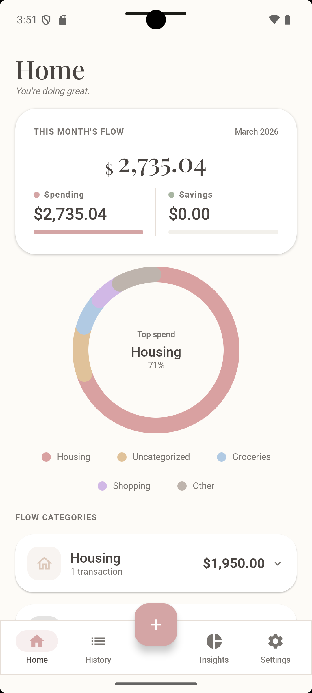 Walletvy home screen showing monthly spending flow with donut chart breakdown