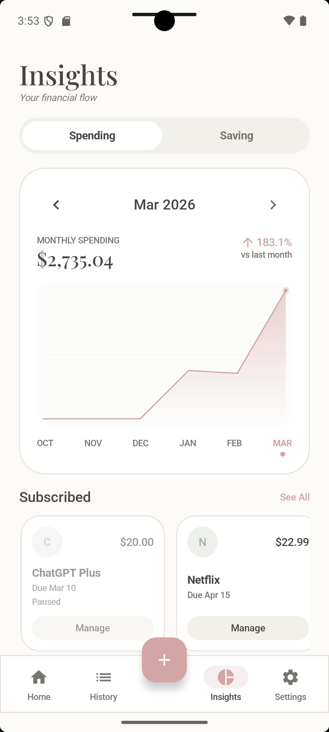 Walletvy spending insights with monthly trend graph and subscription tracking